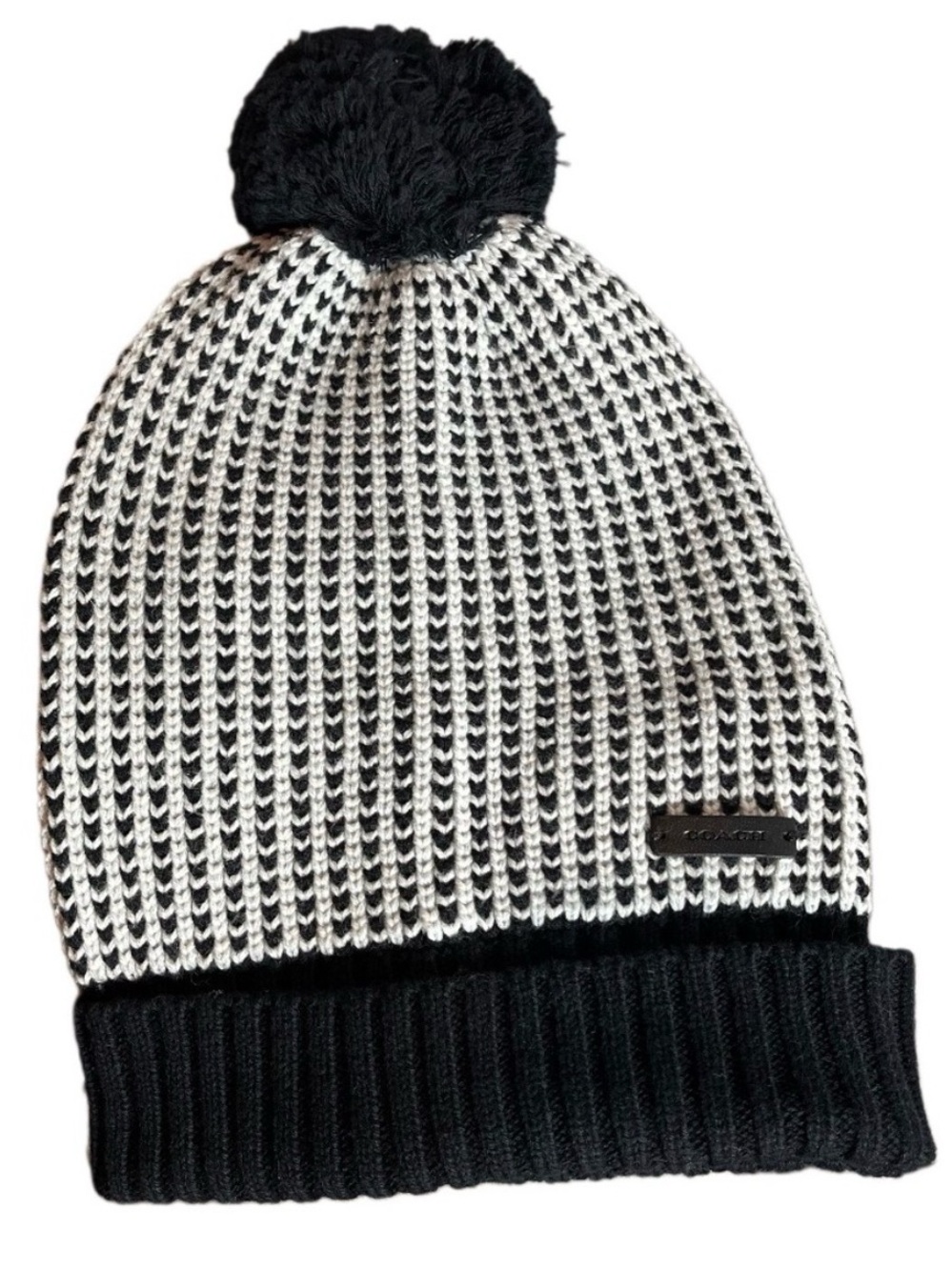 COACH Tricolor Tuckstitch Pom Beanie Hat Black White Wool Blend NWOT